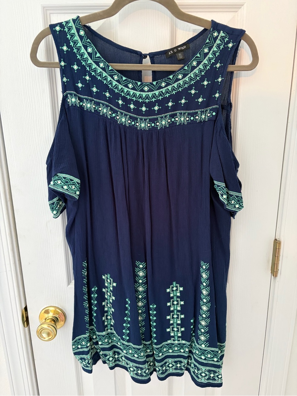As U Wish Navy Cold-Shoulder Tunic with Mint Embroidery